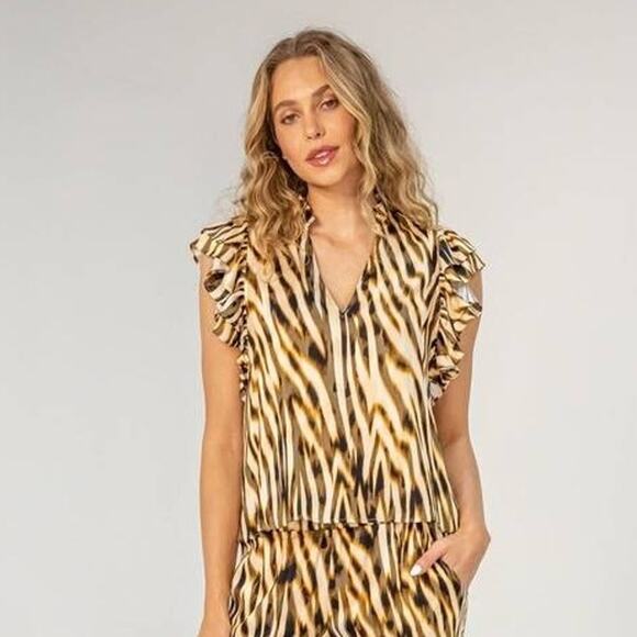 Lavender Brown Sophia Short Sleeve Top Brown Multi Stripe Animal Print Medium M - Picture 1 of 4